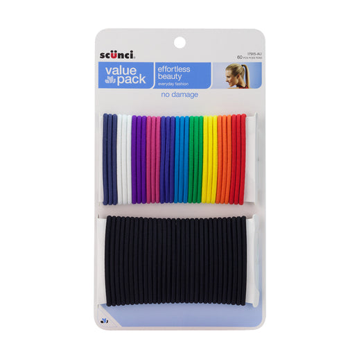 Scunci No Damage Hair Elastics Black and Assorted Brights 60 pack