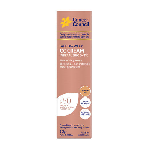 Cancer Council Face Day Wear CC Cream Mineral Zinc Oxide Medium Tint SPF50 50 g