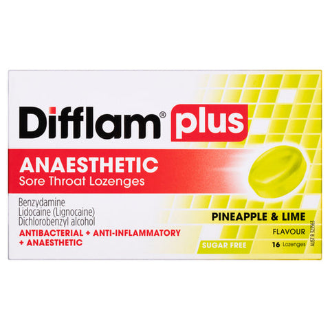 Difflam Plus Anaesthetic Sore Throat Lozenges Pineapple & Lime Flavour 16 lozenges