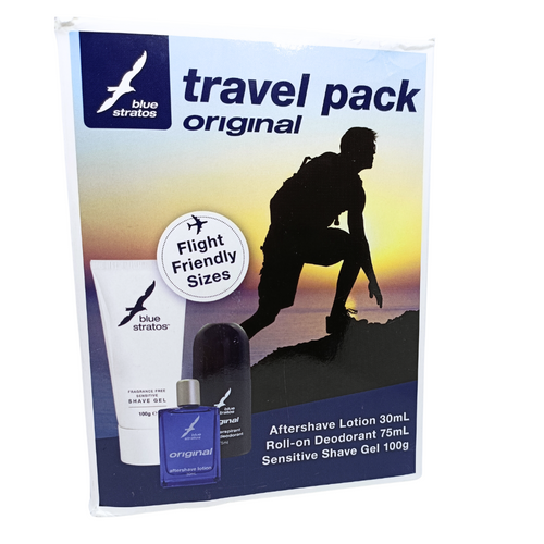 Blue Stratos Travel Pack Original with 30mL Aftershave Lotion, 75mL Roll-On Deodorant and  100g Sensitive Shave Gel