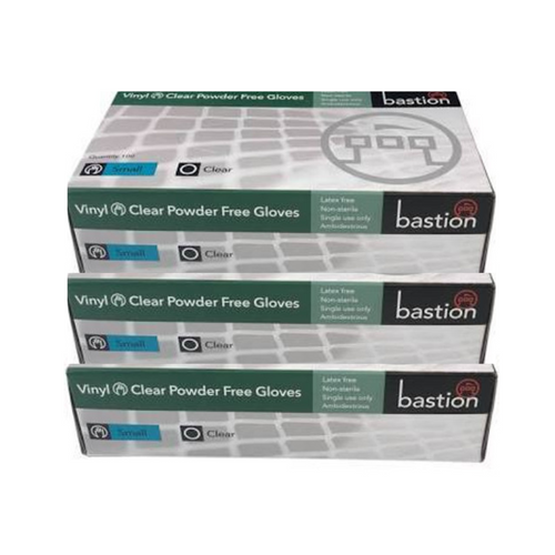3 boxes of Bastion Disposable Powder Free Clear Vinyl Gloves Small sitting on top of each other