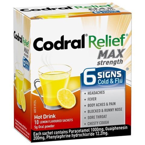 Codral Relief Max Strength Hot Drink Lemon Flavoured 10 Sachets