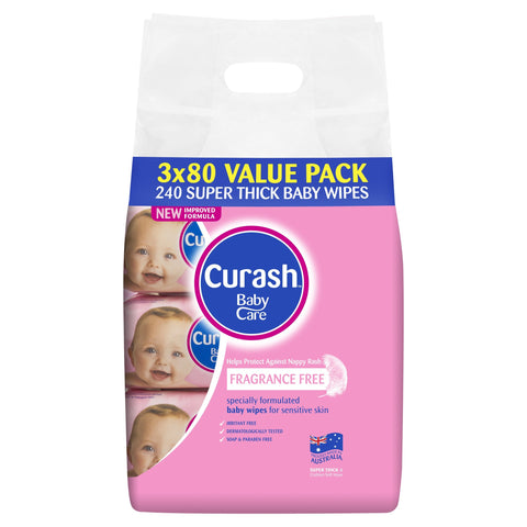 Curash Babycare Fragrance Free Baby Wipes 3 x 80 Pack
