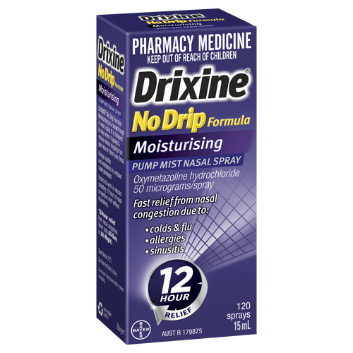 Drixine 12 Hour Relief No Drip Formula Moisturising Pump Mist Nasal Spray 15mL