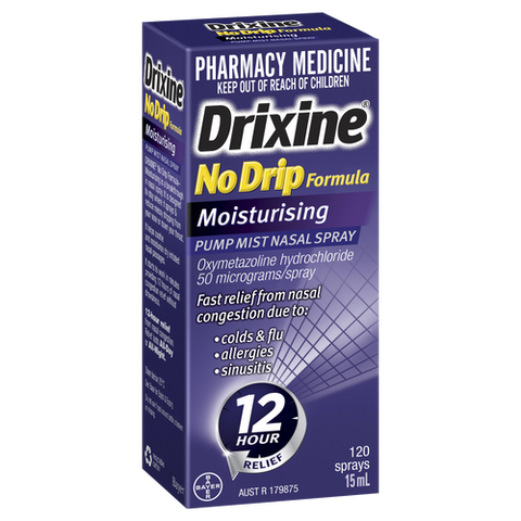 Drixine 12 Hour Relief No Drip Formula Moisturising Pump Mist Nasal Spray 15mL