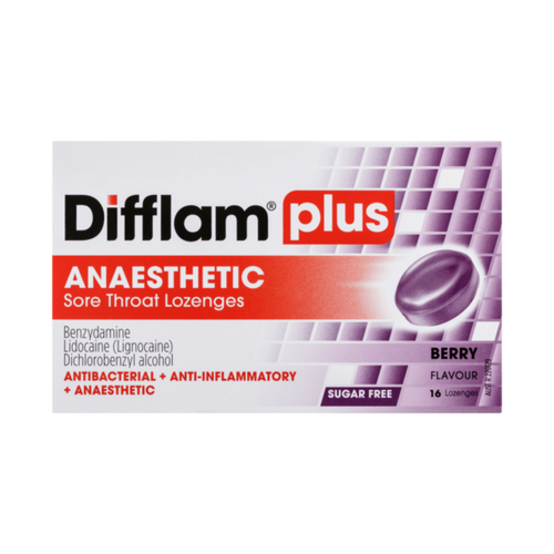 Difflam Plus Anaesthetic Sore Throat Lozenges Berry 16 Pack