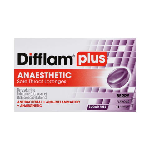 Difflam Plus Anaesthetic Sore Throat Lozenges Berry 16 Pack