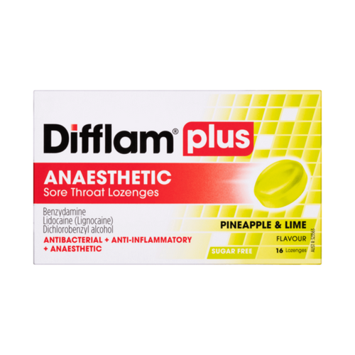 Difflam Plus Anaesthetic Sore Throat Lozenges Pineapple & Lime 16 Pack