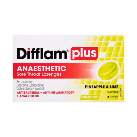 Difflam Plus Anaesthetic Sore Throat Lozenges Pineapple & Lime 16 Pack