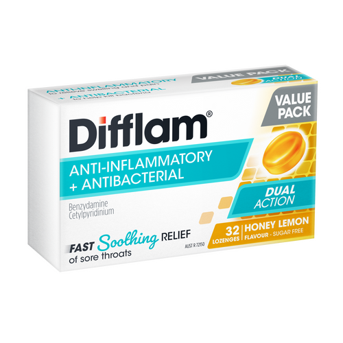 Difflam Sore Throat Lozenge Dual Action Honey & Lemon Flavour Value Pack 32 Lozenges