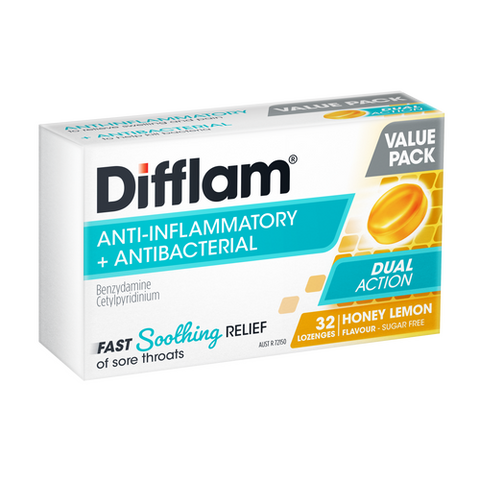 Difflam Sore Throat Lozenge Dual Action Honey & Lemon Flavour Value Pack 32 Lozenges