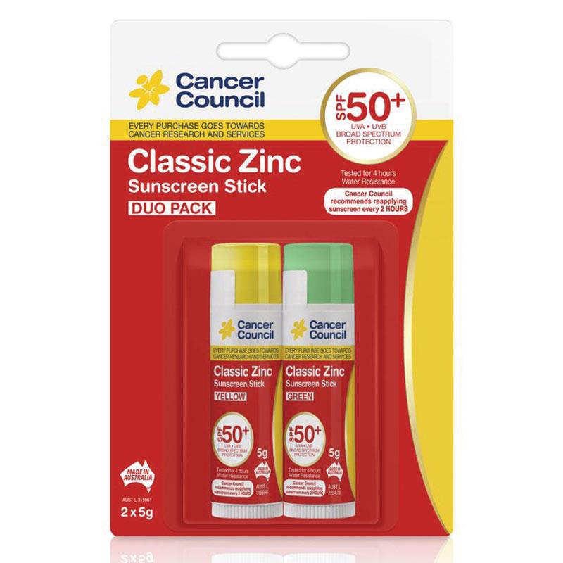 Cancer Council SPF 50+ Classic Zinc Sunscreen Stick Yellow & Green Duo Pack 2 x 5g