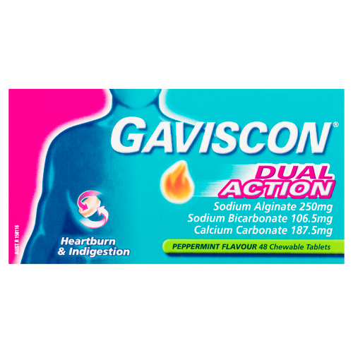 Gaviscon Dual Action Heartburn & Indigestion Relief Chewable Tablets 48 Pack - Peppermint