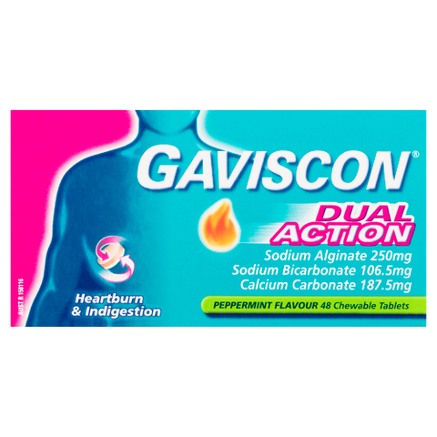 Gaviscon Dual Action Heartburn & Indigestion Relief Chewable Tablets 48 Pack - Peppermint