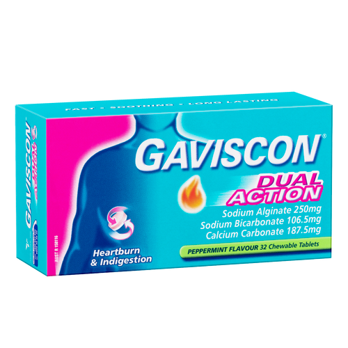 Gaviscon Dual Action Chewable Tablets Peppermint Heartburn & Indigestion Relief 32 Pack