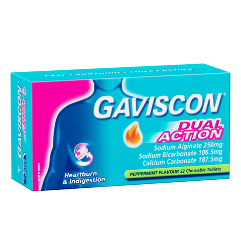 Gaviscon Dual Action Chewable Tablets Peppermint Heartburn & Indigestion Relief 32 Pack