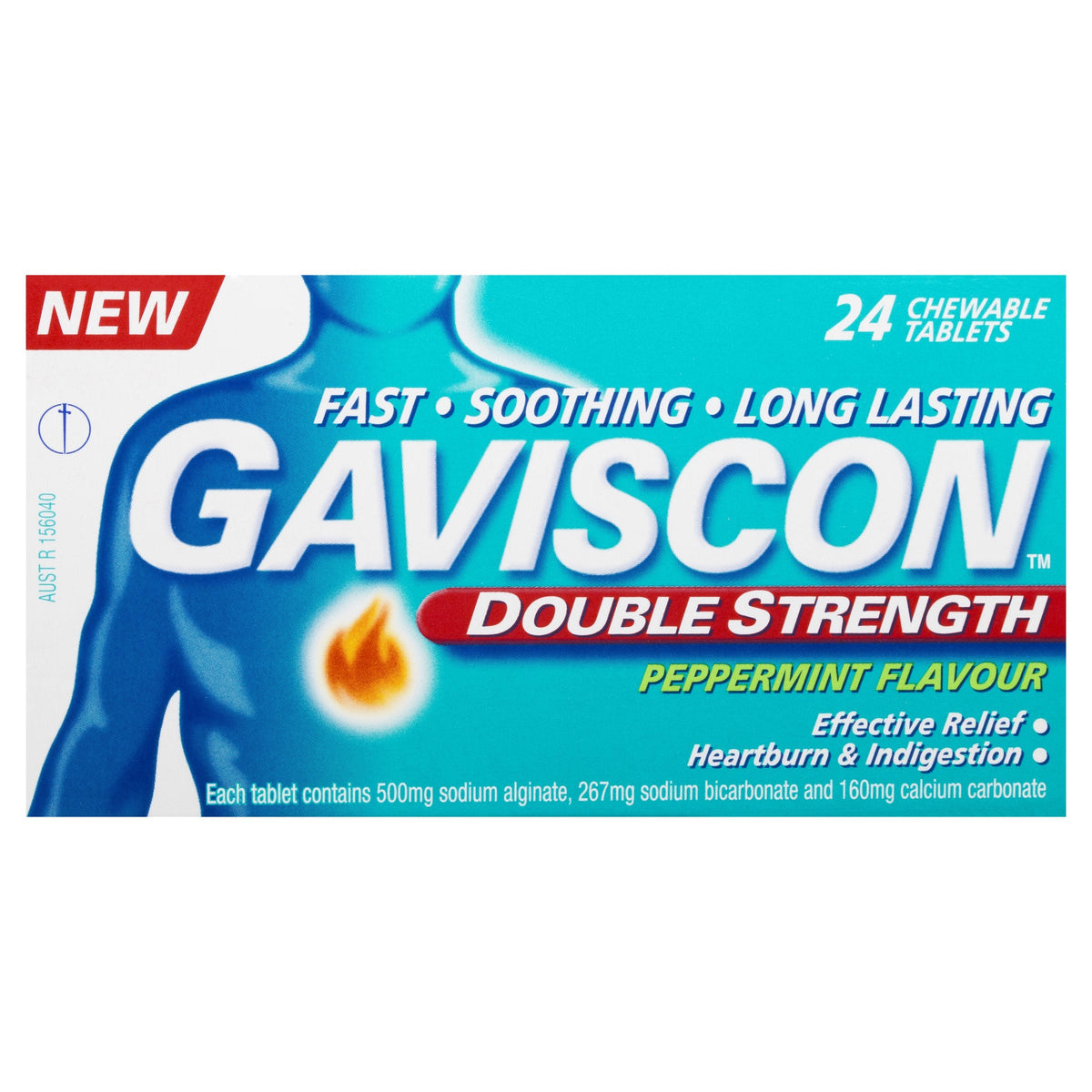 Gaviscon Double Strength Chewable Tablets Peppermint Heartburn & Indigestion Relief 500mg 24 Pack