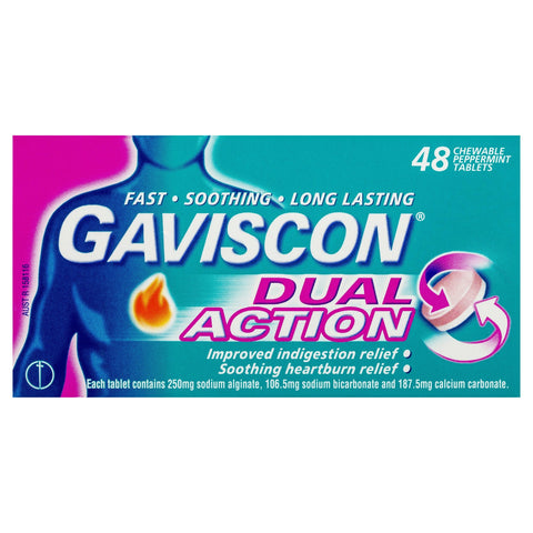 Gaviscon Dual Action Chewable Tablets Peppermint Heartburn & Indigestion Relief 48 Pack