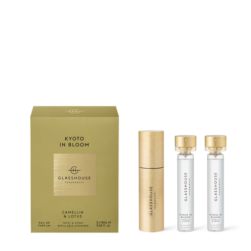 Glasshouse Fragrances Kyoto In Bloom Eau De Parfum Twist & Spray Refillable Atomiser Trio Camellia & Lotus 3x19ml