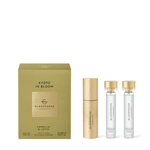 Glasshouse Fragrances Kyoto In Bloom Eau De Parfum Twist & Spray Refillable Atomiser Trio Camellia & Lotus 3x19ml