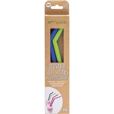 LITTLE MASHIES Reusable Soft Silicone Straws Blue & Green + Cleaning Brush 2