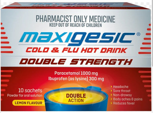 Maxigesic Cold & Flu Hot Drink Double Strength (Paracetamol & Ibuprofen) Sachets X 10