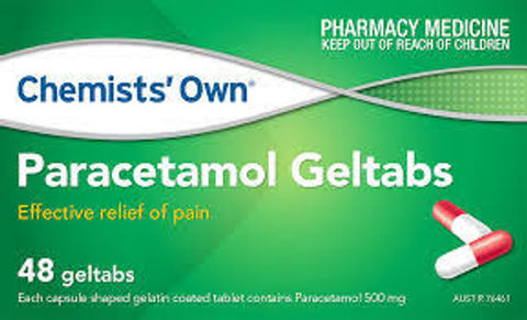 Front of a packet of Chemists Own Paracetamol Geltabs 48 Geltabs (S2)