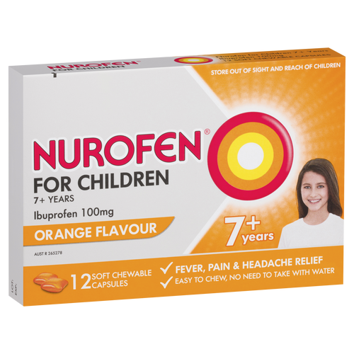 Nurofen For Children 7+ Pain and Fever Relief Chewable Capsules Orange 12 pack