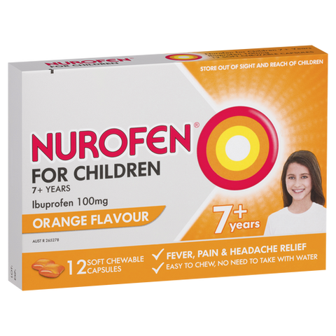 Nurofen For Children 7+ Pain and Fever Relief Chewable Capsules Orange 12 pack