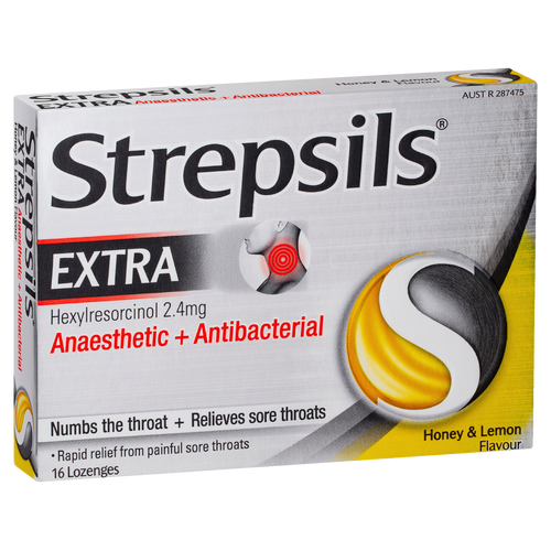 Strepsils Extra Honey and Lemon Fast Numbing Sore Throat Pain Relief with Anaesthetic Lozenges 16pk