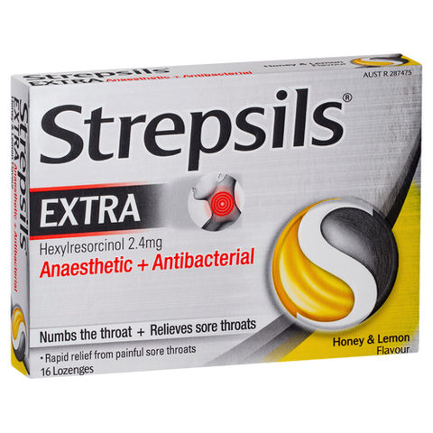Strepsils Extra Honey and Lemon Fast Numbing Sore Throat Pain Relief with Anaesthetic Lozenges 16pk