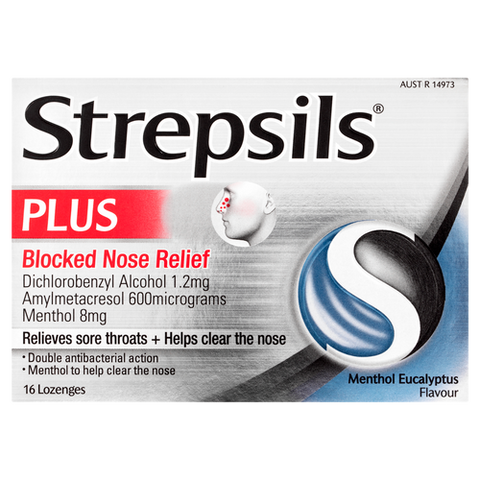 Strepsils Plus Blocked Nose Relief Menthol Eucalyptus Lozenges 16 Pack