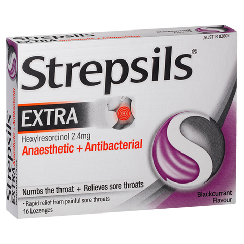 Strepsils Extra Blackcurrant Sore Throat Pain Relief with Anaesthetic Lozenges 16 pack