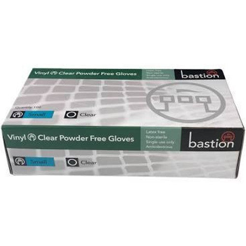 Box of Bastion Disposable Powder Free Clear Vinyl Gloves Small