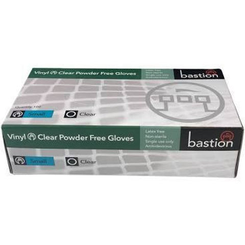 Box of Bastion Disposable Powder Free Clear Vinyl Gloves Small