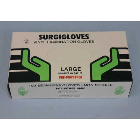 SURGIGLOVES DISPOSABLE VINYL EXAMINATION GLOVES PRE-POWDERED  LARGE 100PK