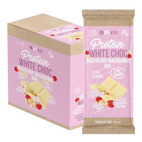VITAWERX Protein White Chocolate Bar Raspberry Macadamia 12x100g