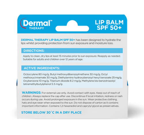 Dermal Therapy Lip Balm SPF 50+ Back of Packaging (Ingredients & Directions)