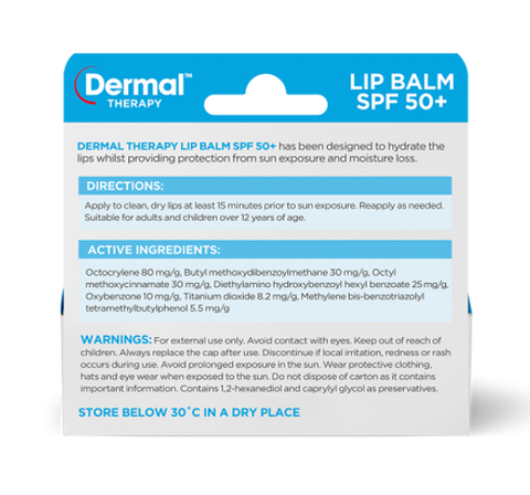 Dermal Therapy Lip Balm SPF 50+ Back of Packaging (Ingredients & Directions)