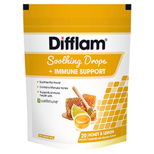 Difflam Soothing Drops + Immune Support Honey & Lemon flavour 20 lozenges