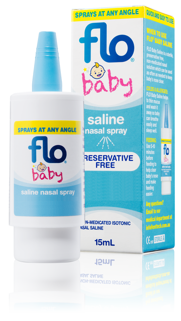 Flo Baby Saline Spray 15ml Front of Packaging (Box & Bottle)