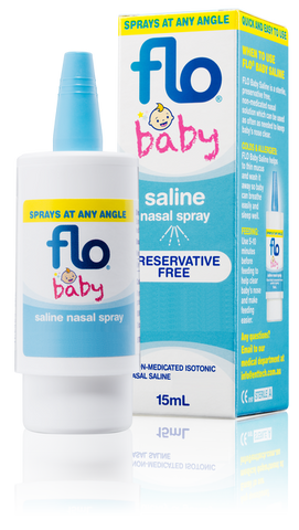 Flo Baby Saline Spray 15ml Front of Packaging (Box & Bottle)