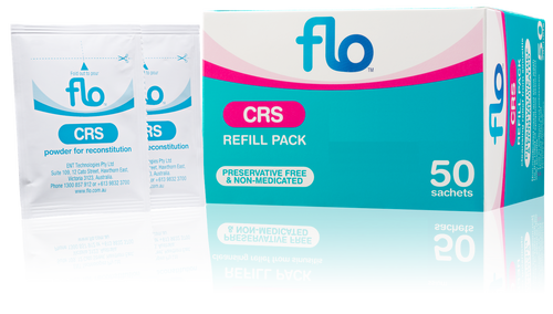 Flo CRS Refill Kit 50 Sachets Front of Packaging (Box & Bottle)