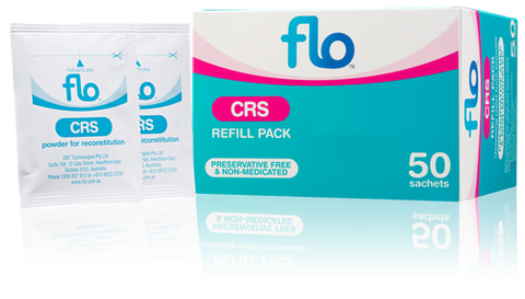 Flo CRS Refill Kit 50 Sachets Front of Packaging (Box & Bottle)