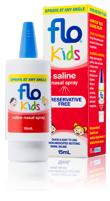 Flo Kids Saline Spray 15ml Front of Packaging (Box & Bottle)