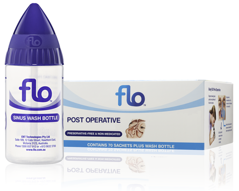 Flo Post Operative Kit 70 Sachets Front of Packaging (Box & Bottle)