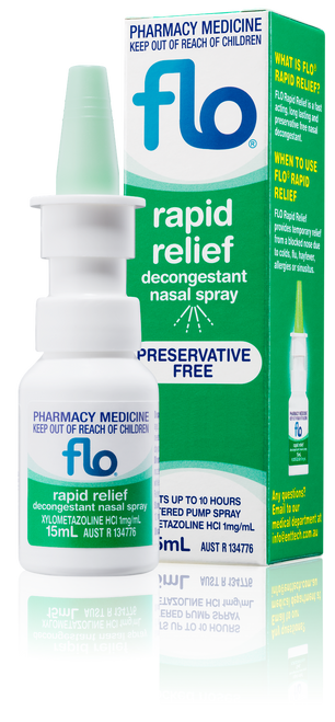 Flo Rapid Relief Nasal Spray 15ml Front of Packaging (Box & Bottle)