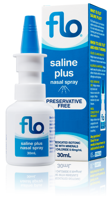 Flo Saline Plus Nasal Spray 30ml Front of Packaging (Box & Bottle)