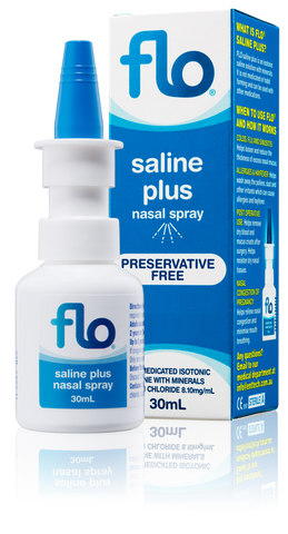 Flo Saline Plus Nasal Spray 30ml Front of Packaging (Box & Bottle)