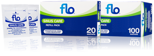 Flo Sinus Care Refill Kit 20 Sachets Front of Packaging (Box & Bottle)